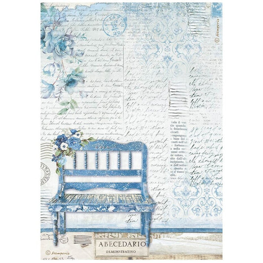 Stamperia A4 Rice Paper Blue Land Bench (DFSA4787)