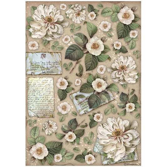 Stamperia Vintage Library A4 Rice Paper Flowers and Letters (DFSA4757)