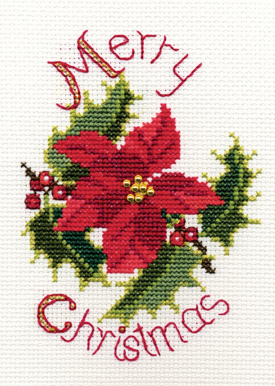 Poinsettia And Holly - Christmas Card - Derwentwater Designs Cross Stitch Kit DWCDX31