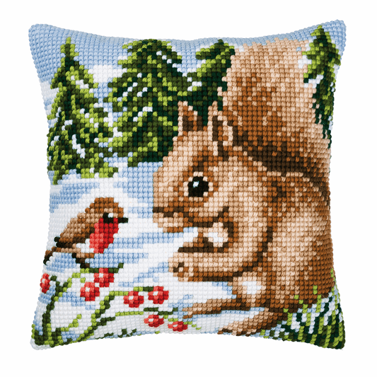 Winter Scene Squirrel/Robin - Vervaco Cushion Cross Stitch Kit PN-0008667