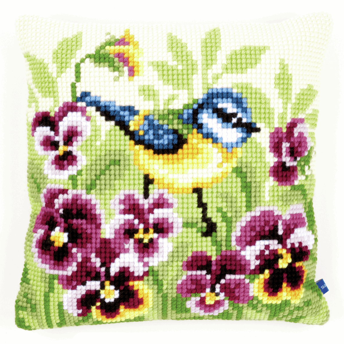 Blue Tit on Pansies- Vervaco Cushion Cross Stitch Kit PN-0145430