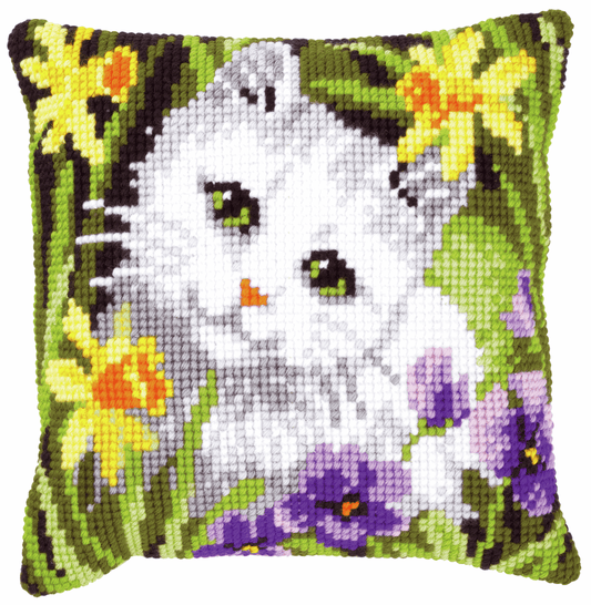 White Cat in Daffodils  - Vervaco Cushion Cross Stitch Kit PN-0147362