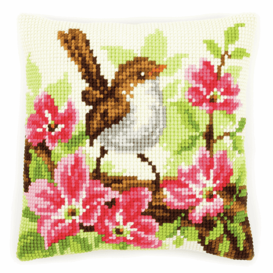 Bird and Pink Flowers- Vervaco Cushion Cross Stitch Kit PN-01484693