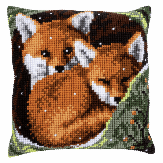 Foxes Chunky Cross Stitch Cushion Front Kit 40x40 Vervaco Printed Canvas & Yarns