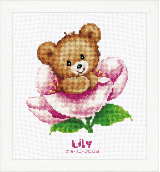 Flower Teddy Birth Record -  Vervaco Counted Cross Stitch Kit PN-0011825