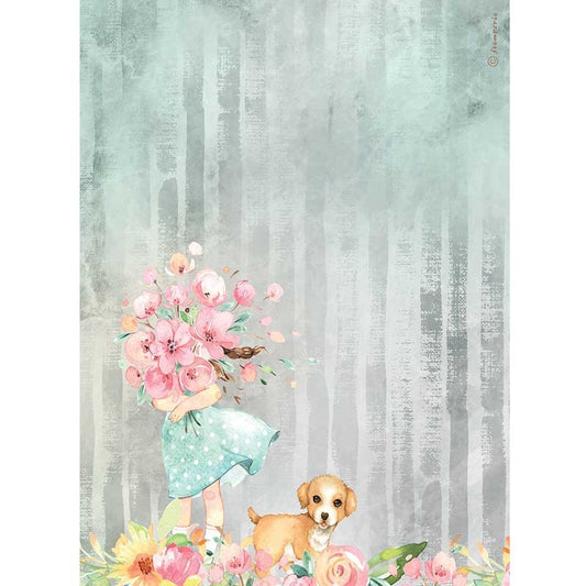 Stamperia Rice Paper A4 Circle of Love Bouquet and Dog (DFSA4528)