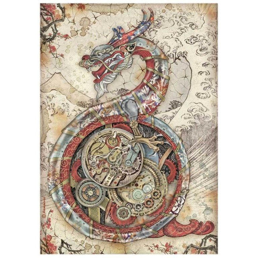 Stamperia Rice Paper A4 Sir Vagabond in Japan Mechanical Dragon (DFSA4608)